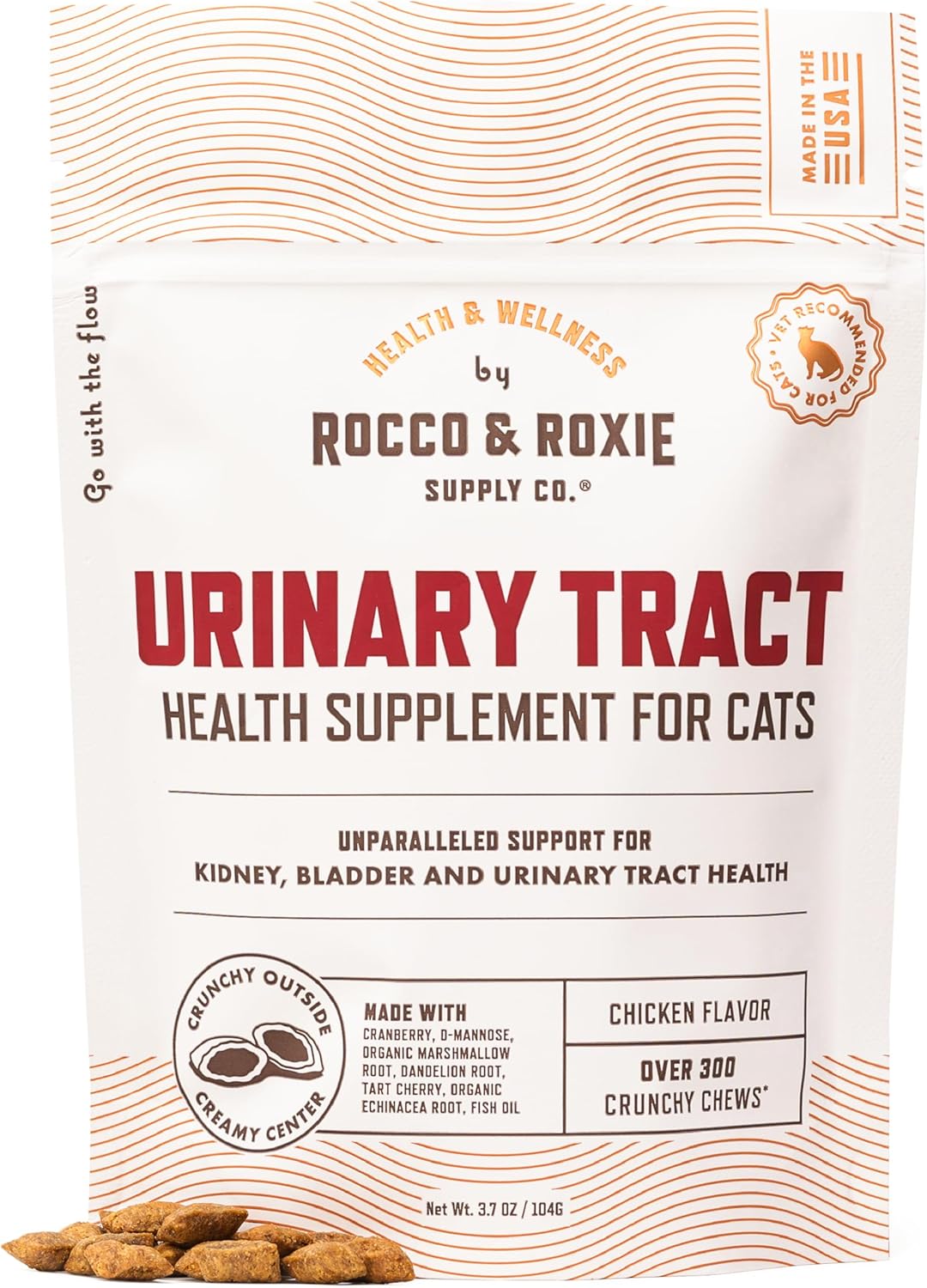 Rocco & Roxie Cat Urinary Tract Health Supplement, Cranberry and D-Mannose for Bladder, UT and Kidney Support for Cats, Vet-Recommended, Chicken-Flavored Crunchy Chews, Made in USA
