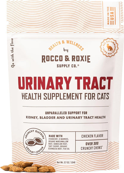Rocco & Roxie Cat Urinary Tract Health Supplement, Cranberry and D-Mannose for Bladder, UT and Kidney Support for Cats, Vet-Recommended, Chicken-Flavored Crunchy Chews, Made in USA