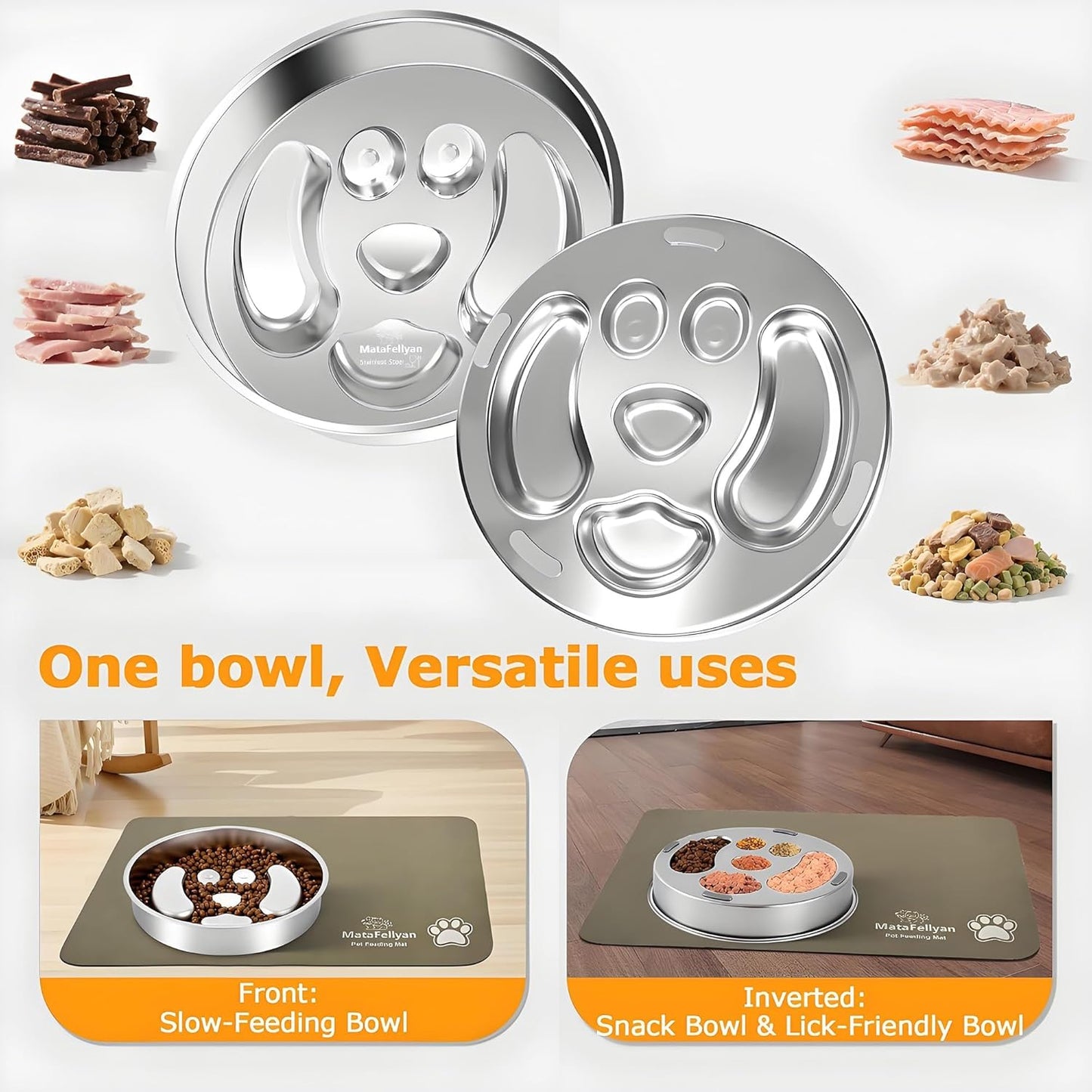 Slow Feeder Dog Bowl with Waterproof & Non-Slip Ultra Absorbent Food Mat(19.68''×11.8''), Non-Slip&Dual-Layer Stainless Steel 2 Cups Capacity Dog Bowl Fast Eaters & Slows Down Pets Essentials Gift