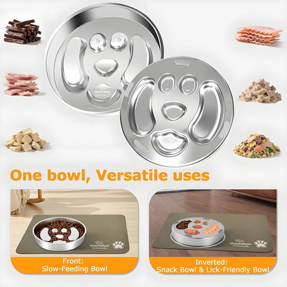 Slow Feeder Dog Bowl with Waterproof & Non-Slip Ultra Absorbent Food Mat(19.68''×11.8''), Non-Slip&Dual-Layer Stainless Steel 2 Cups Capacity Dog Bowl Fast Eaters & Slows Down Pets Essentials Gift
