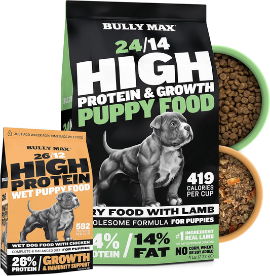 Bully Max Puppy Growth & Nutrition Bundle - High Protein Natural Dry Dog Food (5lb Bag) & Wet Dog Food (2 Dry lb, Makes 5.5 lb of Wet Food) for Small & Large Breed Puppies - Lamb & Chicken Flavors