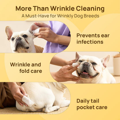 HICC PET Wrinkle Wipes, Vet-Recommended Dog Wipes Cleaning Deodorizing, Soothes Redness & Odor, Prevents Infections, Tear Stain Remover, Gentle for French Bulldogs, Pugs, English Bulldogs (100 Counts)