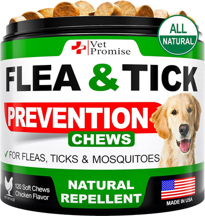 Flea and Tick Prevention for Dogs Chewables - All Natural Flea & Tick Control Chews - Oral Pills for Dogs Supplement - All Breeds and Ages - Made in USA - 120 Tablets