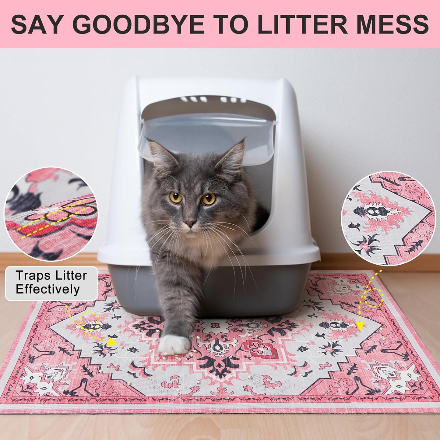 BEAUTYZOO Cat Litter Mat Litter Trapping Mat, 28"x 36" Large Litter Box Mat, Waterproof Kitty Litter Mat, Non-Slip Litter Rug Mats Pads for Floor Scatter Control, Soft on Paws & Easy to Clean, Pink