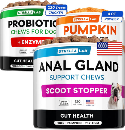 Probiotics + Anal Gland Support + Pumpkin for Dogs Bundle - Digestion&Gut Health + Scoot Treatment - Prebiotics, Fiber Supplement & Digestive Enzymes - Anti Diarrhea&Constipation Relief - Made in USA