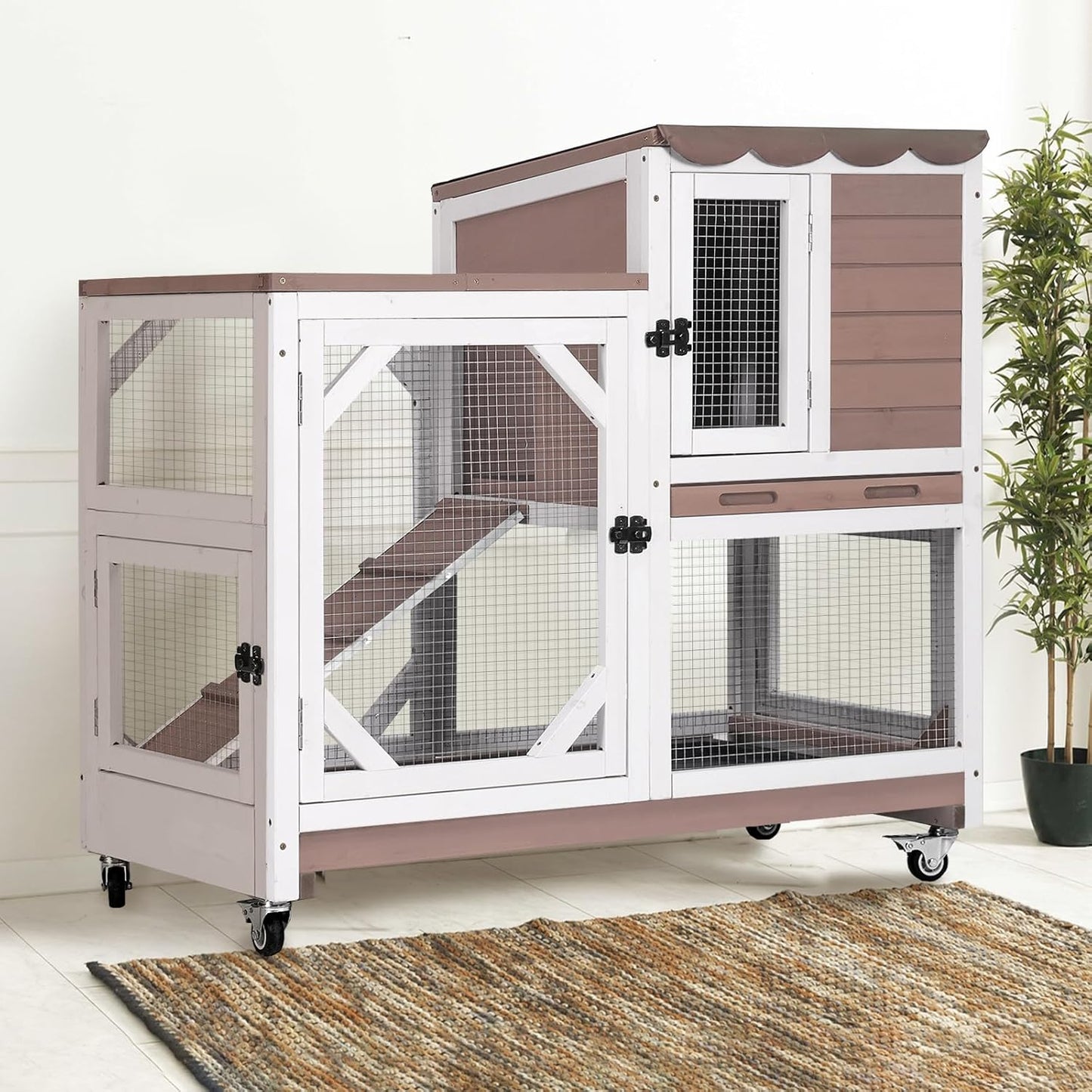 Gutinneen 2-Story Rabbit Hutch with Chew-Proof Ramp & Leak-Proof Trays - Indoor/Outdoor 39.3" Wooden Rabbit Cage with Wheels for Rabbits, Guinea Pigs