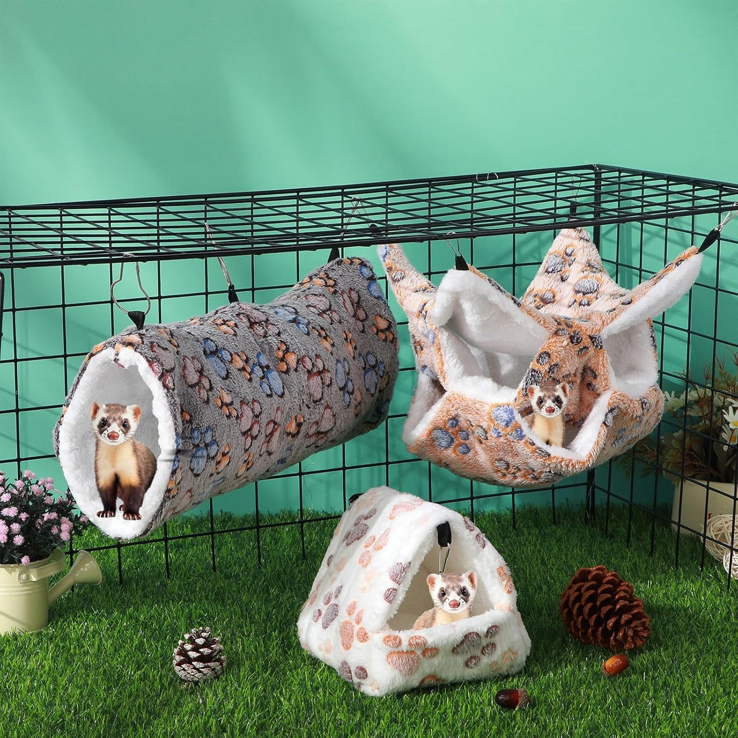 Abbylike 9 Pieces Rat Hammock 3 Tier Guinea Pig Ferret Hammocks Small Pet Hanging Tunnel Glider Toy Guinea Pig Ferret Hideout Bed Cage Accessories for Hamster(Light Brown, White, Black,Paw)