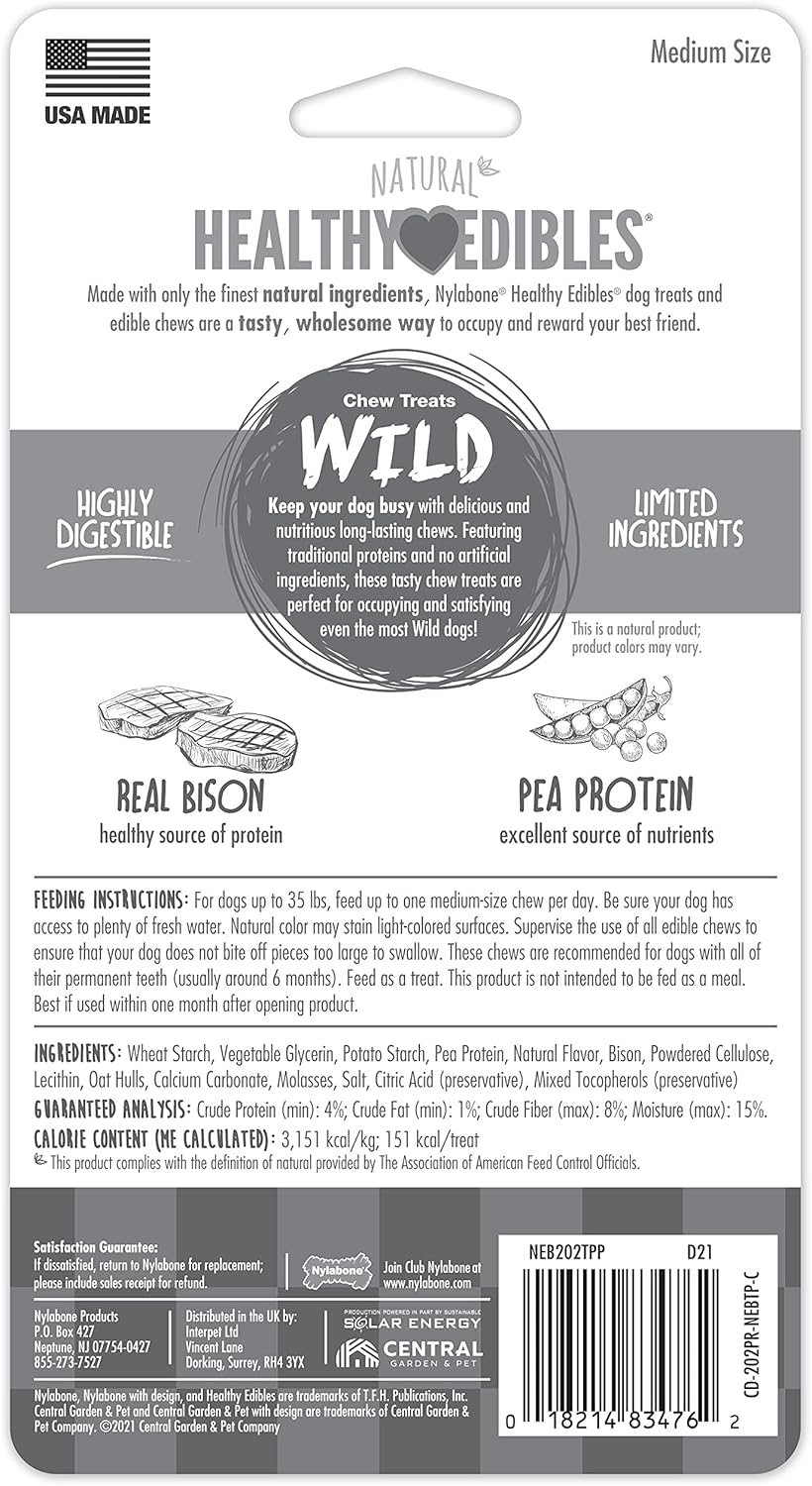 Nylabone Healthy Edibles WILD Natural Longer-Lasting Bison Flavor Bone Chew Treats for Dogs, Medium - Up to 35 lbs (2 Count)