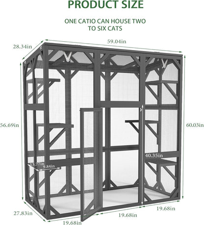 Ball & Cast 59" Wooden Catio Enclosure Outdoor Cat House with Anti-UV& Waterproof, Platforms and Resting Boxes Walk-in Cat Kennel Shelter for Indoor,Dark Grey