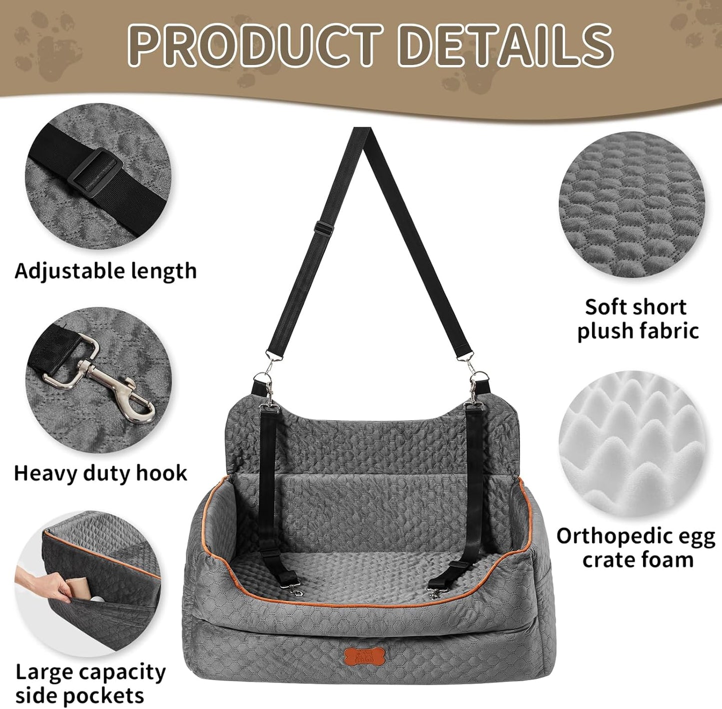 Dog Car Seat for Large/Medium Dogs - Memory Foam Dog Booster Seat for Under 55Lbs or 2 Small Dogs-Detachable and Washable Travel Bed with Thick Cushion and Storage Pockets-Grey