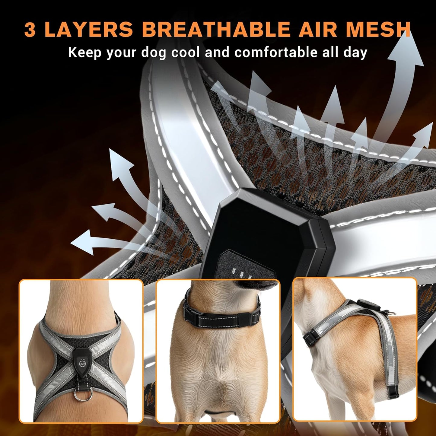 LED Light Up Dog Harness - Rechargeable & Reflective Dog Vest, 7 Lighting Modes, 3-Layer Air Mesh for Breathability & Comfort, Adjustable Illuminated Leash for Small to Large Dogs Walking at Night