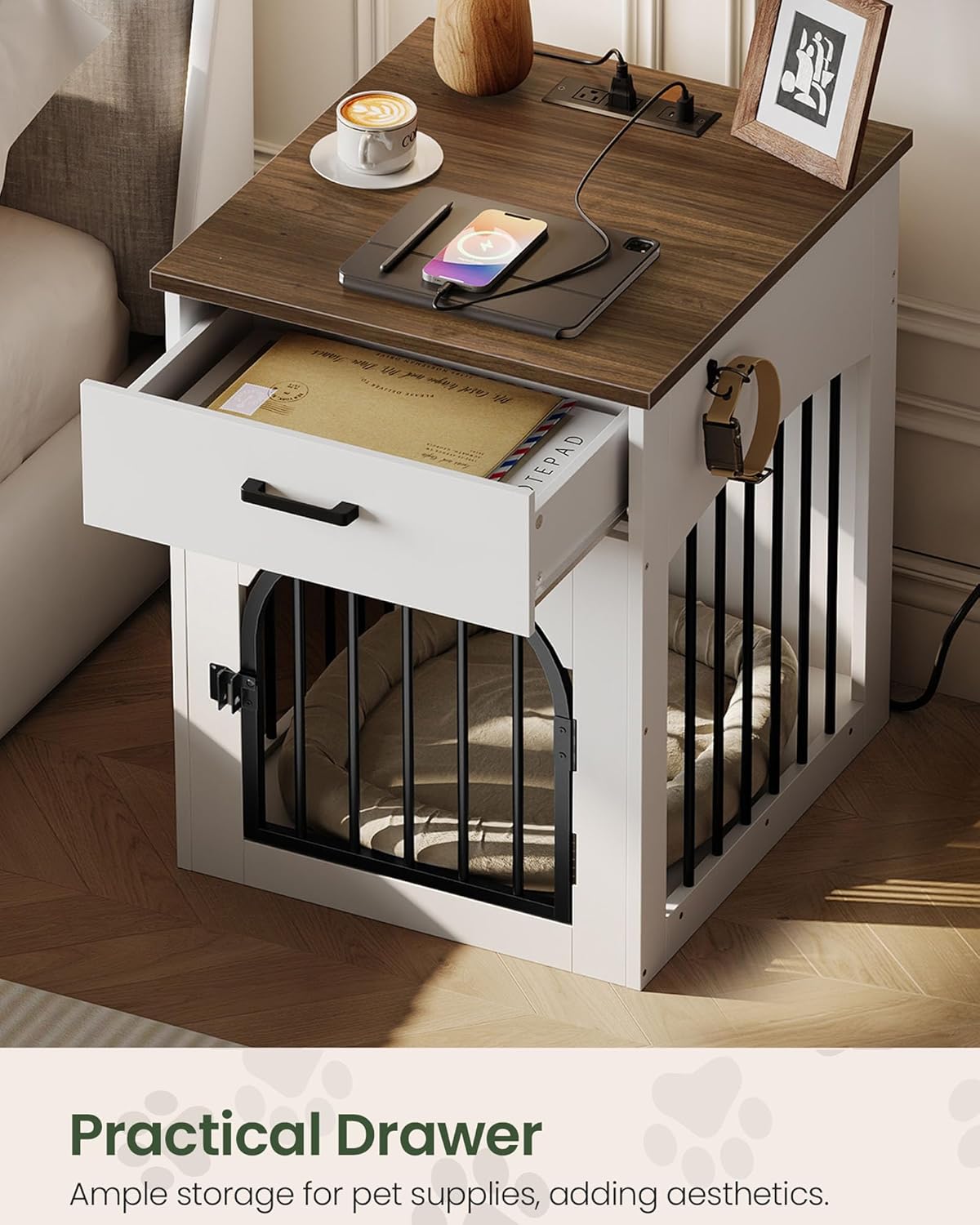 Dog Crate Furniture, Wooden Dog House with Charging Station and Storage Drawer, Indoor Pet Crate End Table for Small Breeds, Dog Kennel for Living Room, Bedroom, White and Walnut MGW01UWL
