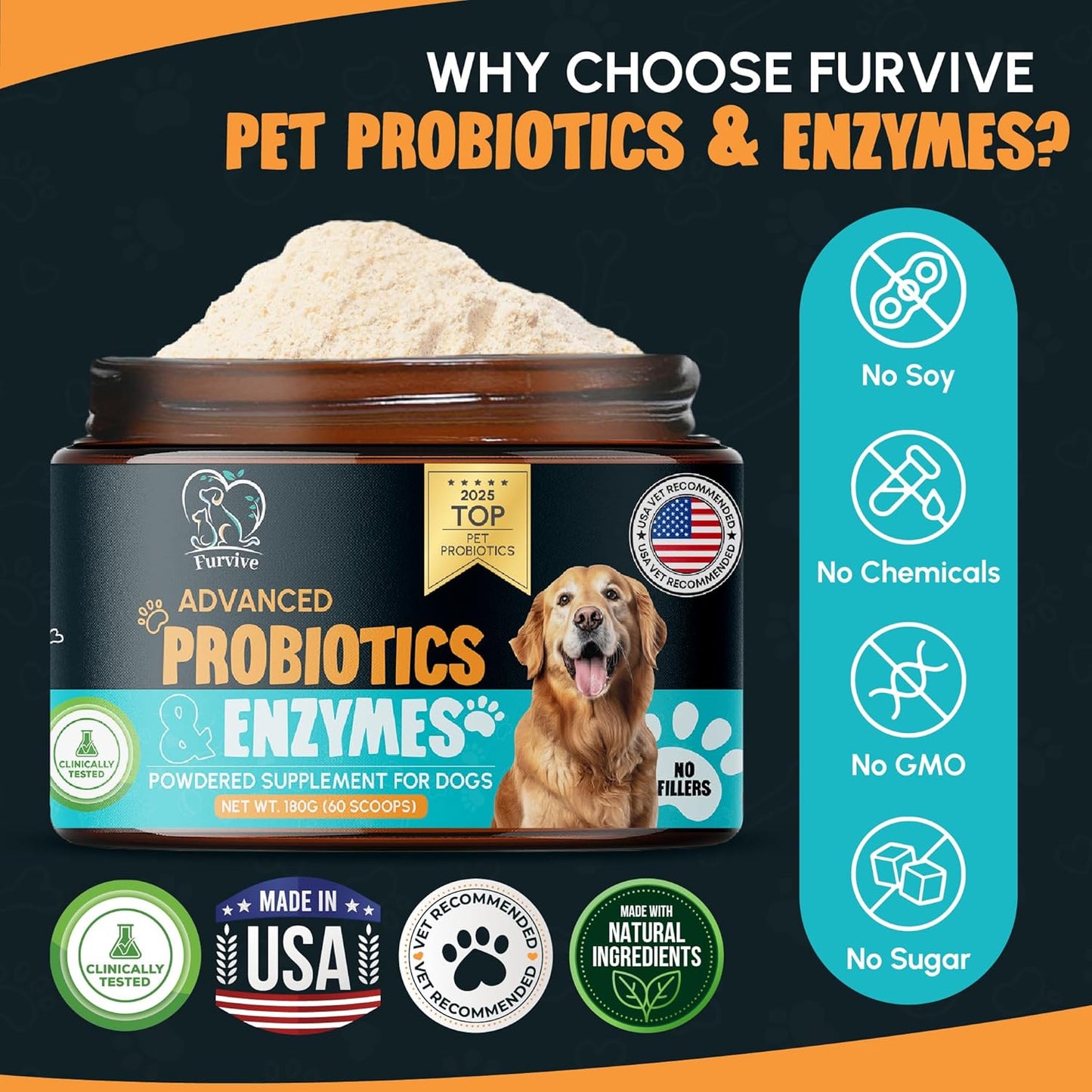 Dog Probiotics and Enzymes for Digestive Health, Gut Support, Gas & Seasonal Allergies – All Natural, Powerful Vet-Recommended Multi Strain Probiotics for Dogs – 60 Scoops