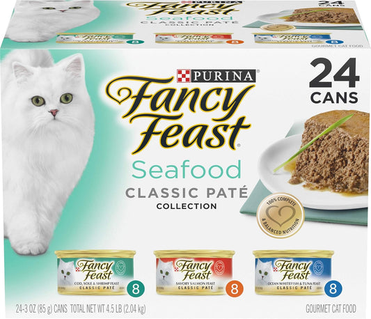 Purina Fancy Feast Seafood Classic Pate Collection Grain Free Wet Cat Food Variety Pack - (Pack of 24) 3 oz. Cans