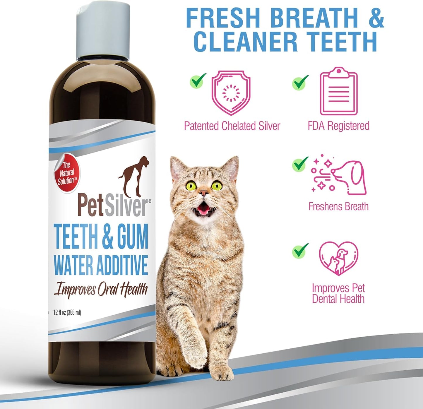 PetSilver Teeth & Gum Water Additive for Dental Care - Pet Breath Freshener - Targets Tartar, Plaque & Eliminates Bad Breath - Dog Oral Care & Cat Teeth Cleaning - No Brushing & Tasteless - 12 fl oz