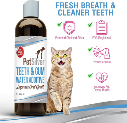 PetSilver Teeth & Gum Water Additive for Dental Care - Pet Breath Freshener - Targets Tartar, Plaque & Eliminates Bad Breath - Dog Oral Care & Cat Teeth Cleaning - No Brushing & Tasteless - 12 fl oz