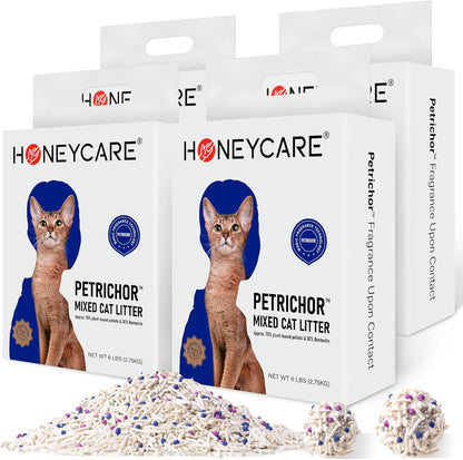 HONEY CARE Petrichor Mix Cat Litter I Tofu Cat Litter I Nature Plant-Based Pellets and Bentonite Sustainable I Low-Dust Qucik Clumping Superior Odor Control, 24-lbs Value Pack (6 lbs x 4)