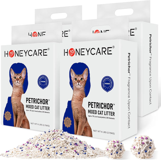 HONEY CARE Petrichor Mix Cat Litter I Tofu Cat Litter I Nature Plant-Based Pellets and Bentonite Sustainable I Low-Dust Qucik Clumping Superior Odor Control, 24-lbs Value Pack (6 lbs x 4)