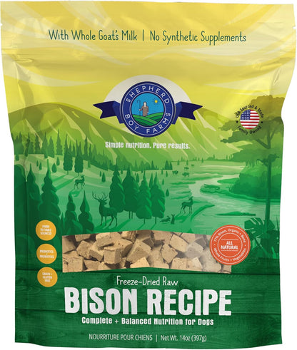 Shepherd Boy Farms Freeze Dried Raw Dog Food, Bison Recipe, All Natural, No Synthetics, Made in USA with Goat's Milk & Organic Produce, High Protein, Complete Meal (14oz)