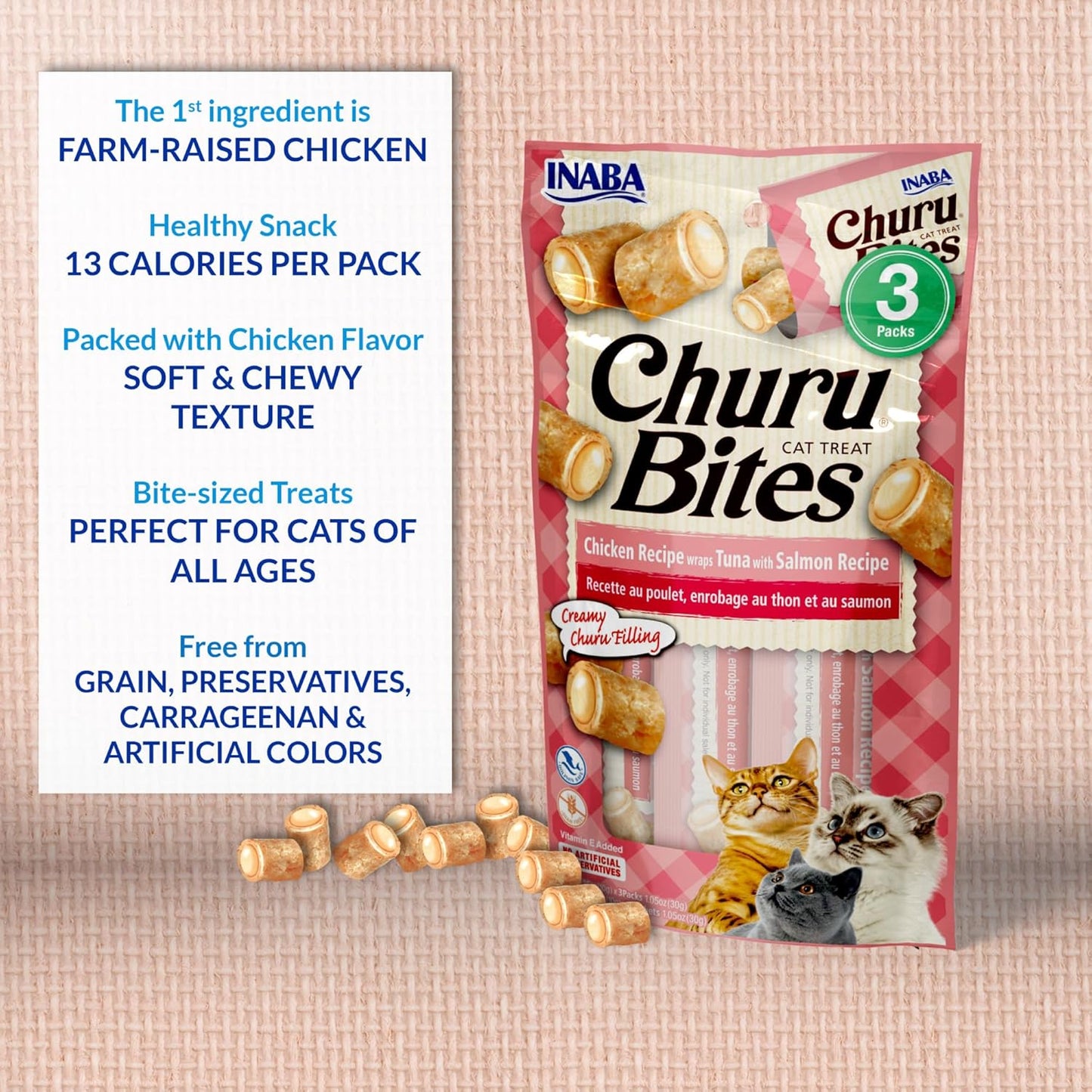INABA Churu Bites for Cats, Soft/Chewy Baked Chicken Wrapped Churu Filled Cat Treats with Vitamin E, 0.35 Ounces per Tube, 18 Tubes Total (3 Tubes per Pack), Tuna with Salmon Recipe