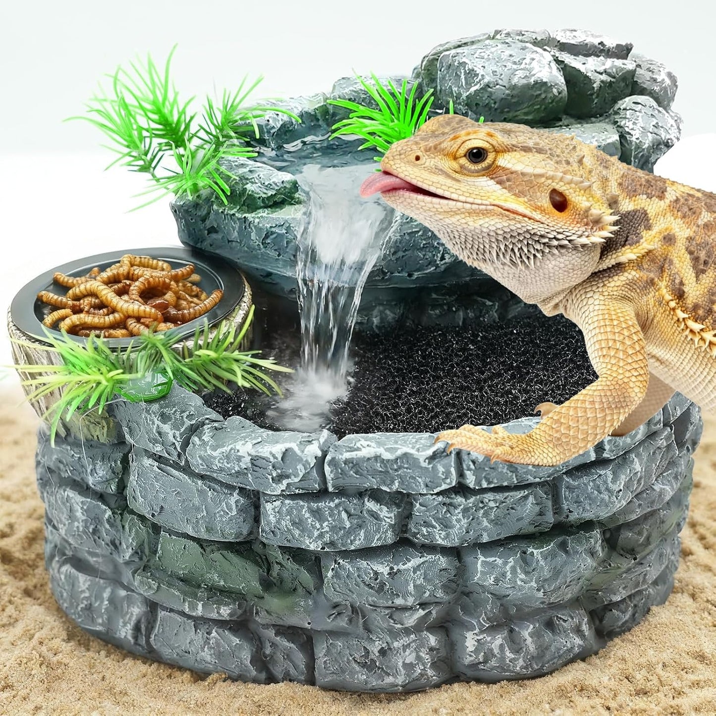 MIXJOY 2 in 1 Reptile Water Fountain with Food Dish 550ML, Terrarium Reptile Waterfall Drinking Fountain, Reptile Water Dispenser for Bearded Dragon Gecko Tree Frog Turtle Chameleon Leopard Lizard