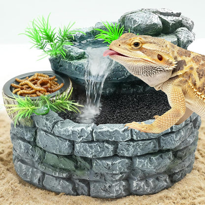 MIXJOY 2 in 1 Reptile Water Fountain with Food Dish 550ML, Terrarium Reptile Waterfall Drinking Fountain, Reptile Water Dispenser for Bearded Dragon Gecko Tree Frog Turtle Chameleon Leopard Lizard