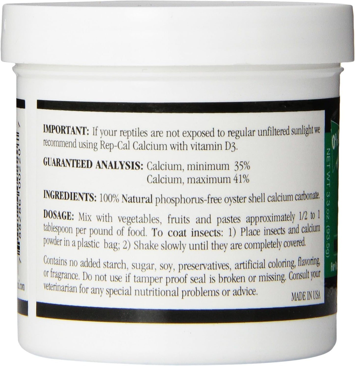 Rep-Cal 52298 Phosphorous-Free Calcium Powder Reptile/Amphibian Supplement Without Vitamin D3, 4.1 oz,white