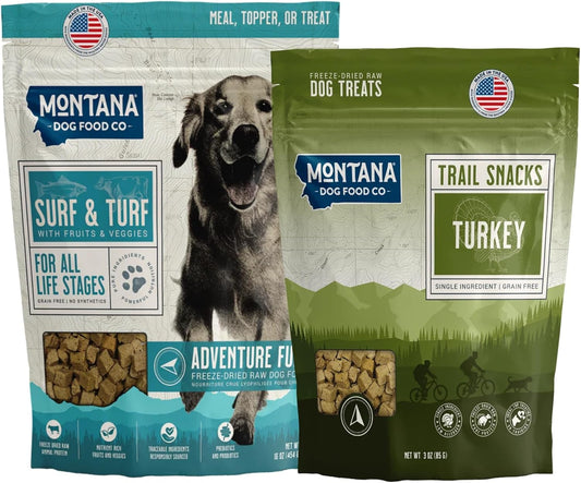 Surf and Turf Dog Food and Turkey Dog Treat Adventure Fuel Bundle - 16 oz Freeze-Dried Raw Food with Single Ingredient Training Snacks