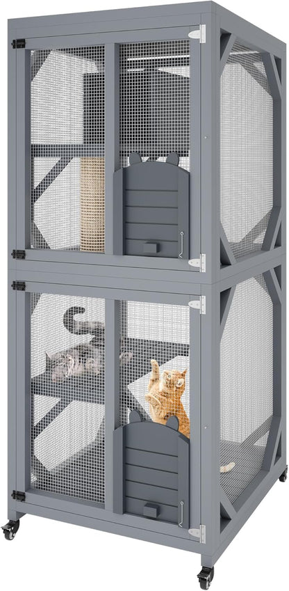 Outdoor Catio Enclosure on Wheel, 68" Large Catio Outdoor Cat Enclosure with Weatherproof Asphalt Roof & Sliding Doors, Wooden Cat Condo Cage Shelter Playpen with Napping House & 4 Jumping Platforms