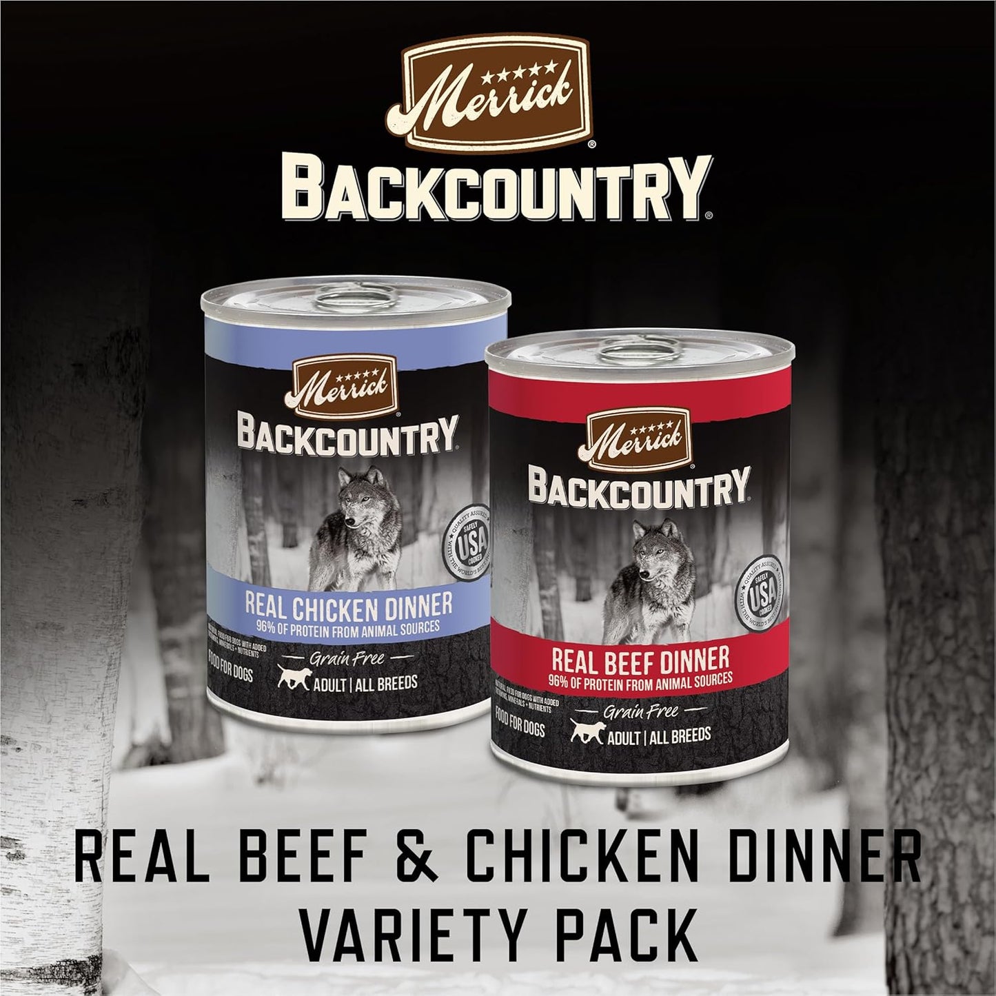 Merrick Backcountry Grain Free Premium Canned Dog Food, Variety Pack, Real Beef and Chicken Dinner Recipes - (Pack of 12) 9.5 lb. Cans