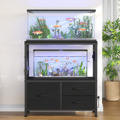 Heybly 20-29 Gallon Fish Tank Stand, Aquarium Stand with Drawer, Power Outlet, Heavy Duty Metal Frame, for Fish Tank, Turtle & Reptile Terrarium, 31.5" x 15.7" Top, 330lbs, Black HAS001BK