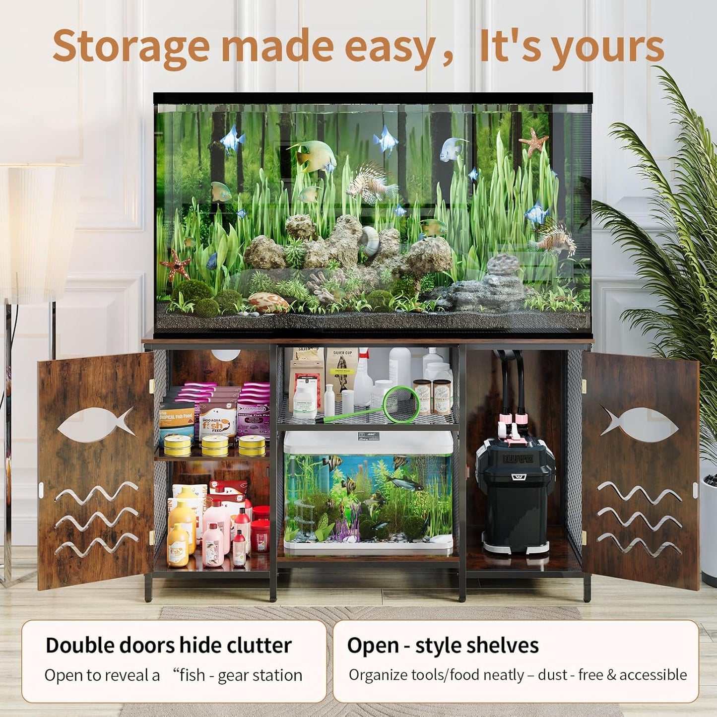 55-75 Gallon Fish Tank Stand with Power Outlet, Rustic Wood Aquarium Table with Cabinet and Shelf, Heavy Duty Metal Rack for Turtle Tank, Reptile Terrarium, 1000LBS Capacity, Brown