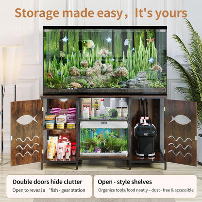 55-75 Gallon Fish Tank Stand with Power Outlet, Rustic Wood Aquarium Table with Cabinet and Shelf, Heavy Duty Metal Rack for Turtle Tank, Reptile Terrarium, 1000LBS Capacity, Brown