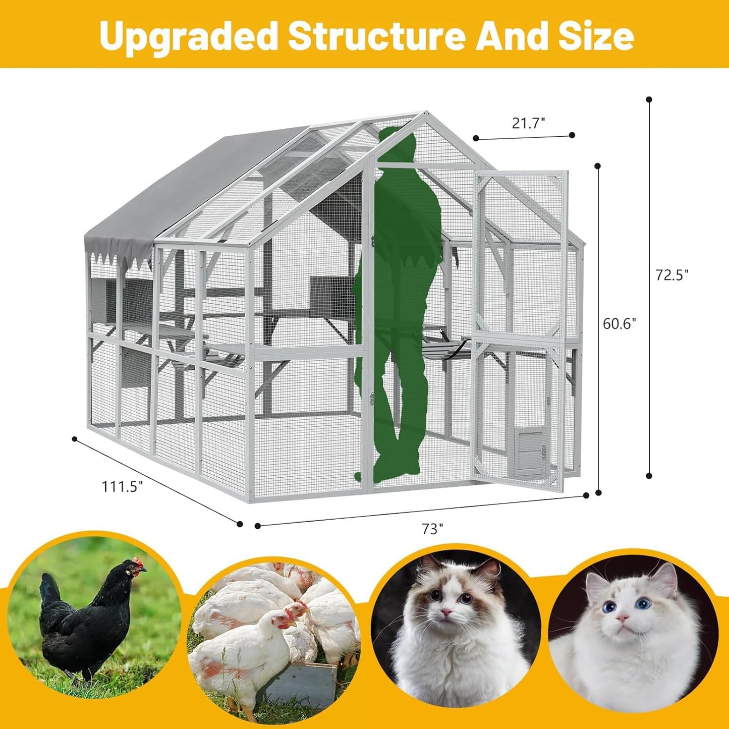 110'' Large Catio Outdoor Cat Enclosure,2 in 1 Cat Enclosure & Walk in Large Chicken Coop, Pet Cage Playpen with Weatherproof Roof, Multiple Platforms, Bouncy Bridges & Resting Houses White-1