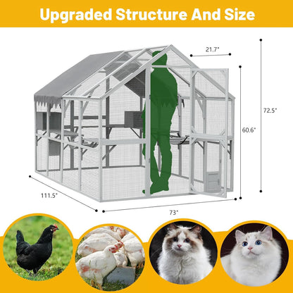 110'' Large Catio Outdoor Cat Enclosure,2 in 1 Cat Enclosure & Walk in Large Chicken Coop, Pet Cage Playpen with Weatherproof Roof, Multiple Platforms, Bouncy Bridges & Resting Houses White-1