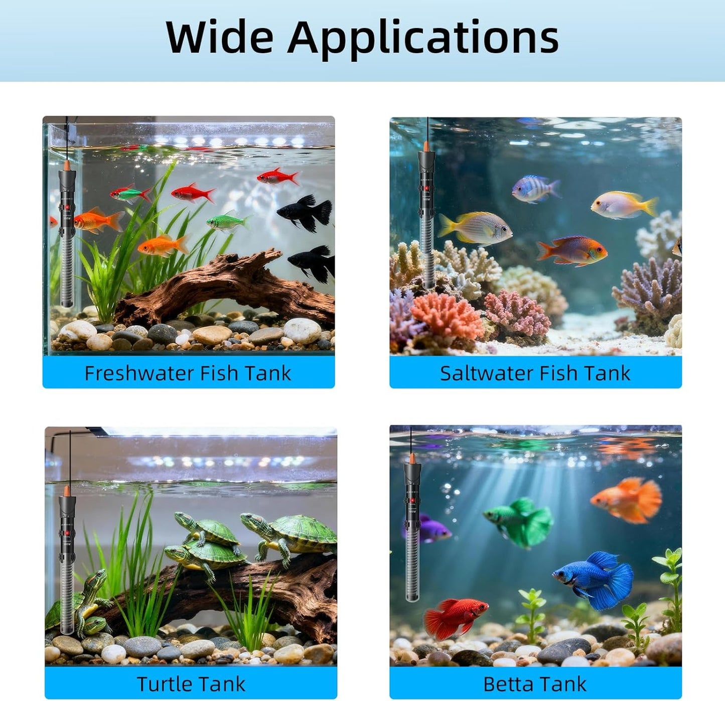 HiTauing Aquarium Heater 300W, Adjustable Knob Fish Tank Heater with 2 Powerful Suction Cups, Submersible Betta/Turtle Tank Heater for Freshwater and Saltwater Tanks