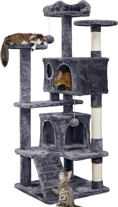 Yaheetech 54in Cat Tree, Multi-Level Cat Tower with Spacious Kitten-ear Perch, 2 Cozy Caves, Scratching Posts, Climbing Ladder, 2 Plush Balls, Durable Pet House Furniture for Indoor Kittens, Dark Gray