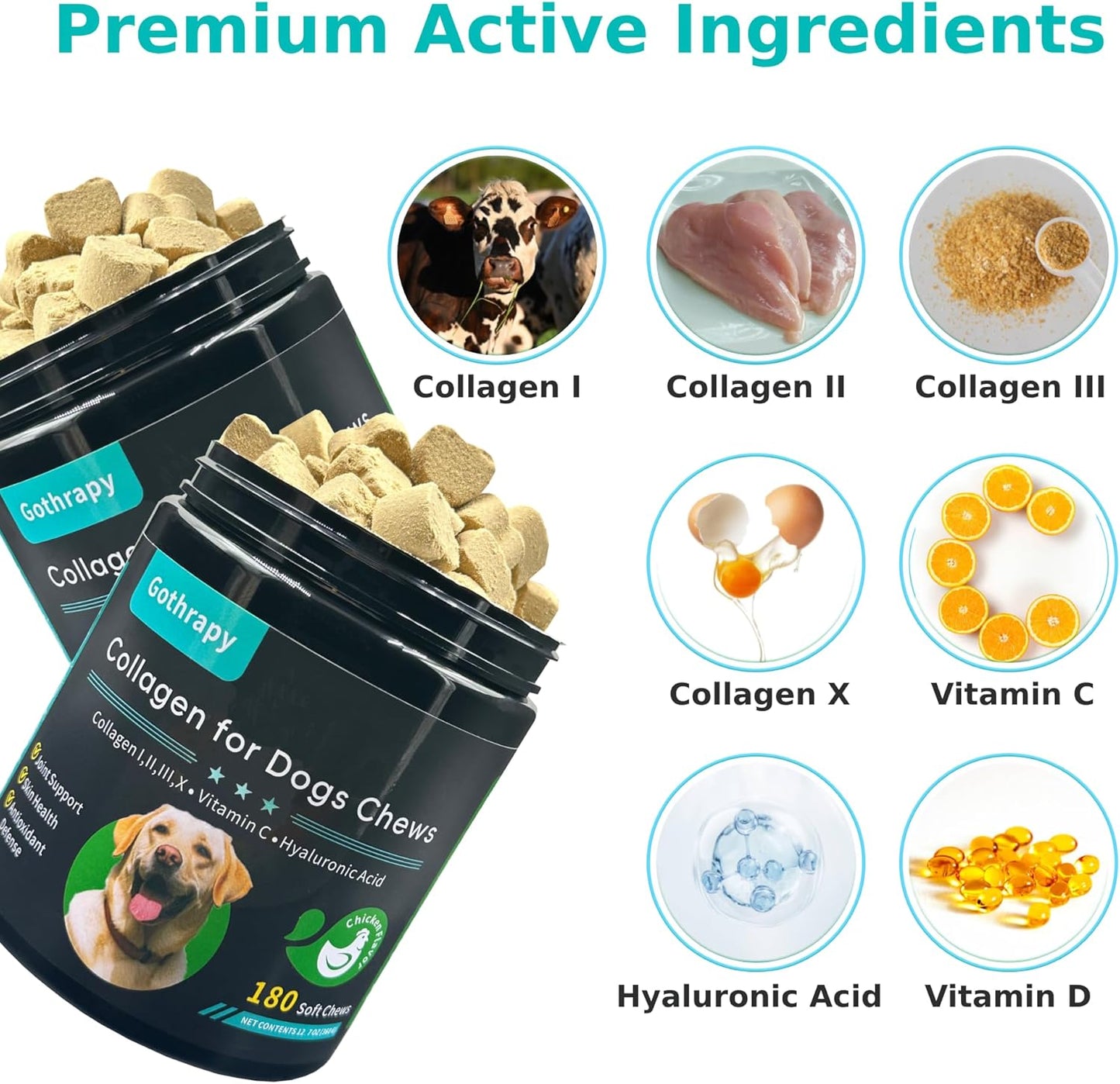 Multi Collagen for Dogs | Hip & Joint Support, Skin & Coat Health | Vet-Formulated Pet Supplement with Hyaluronic Acid & Vitamin C | All Ages & Breeds | Chicken Flavored - 180 Soft Chews