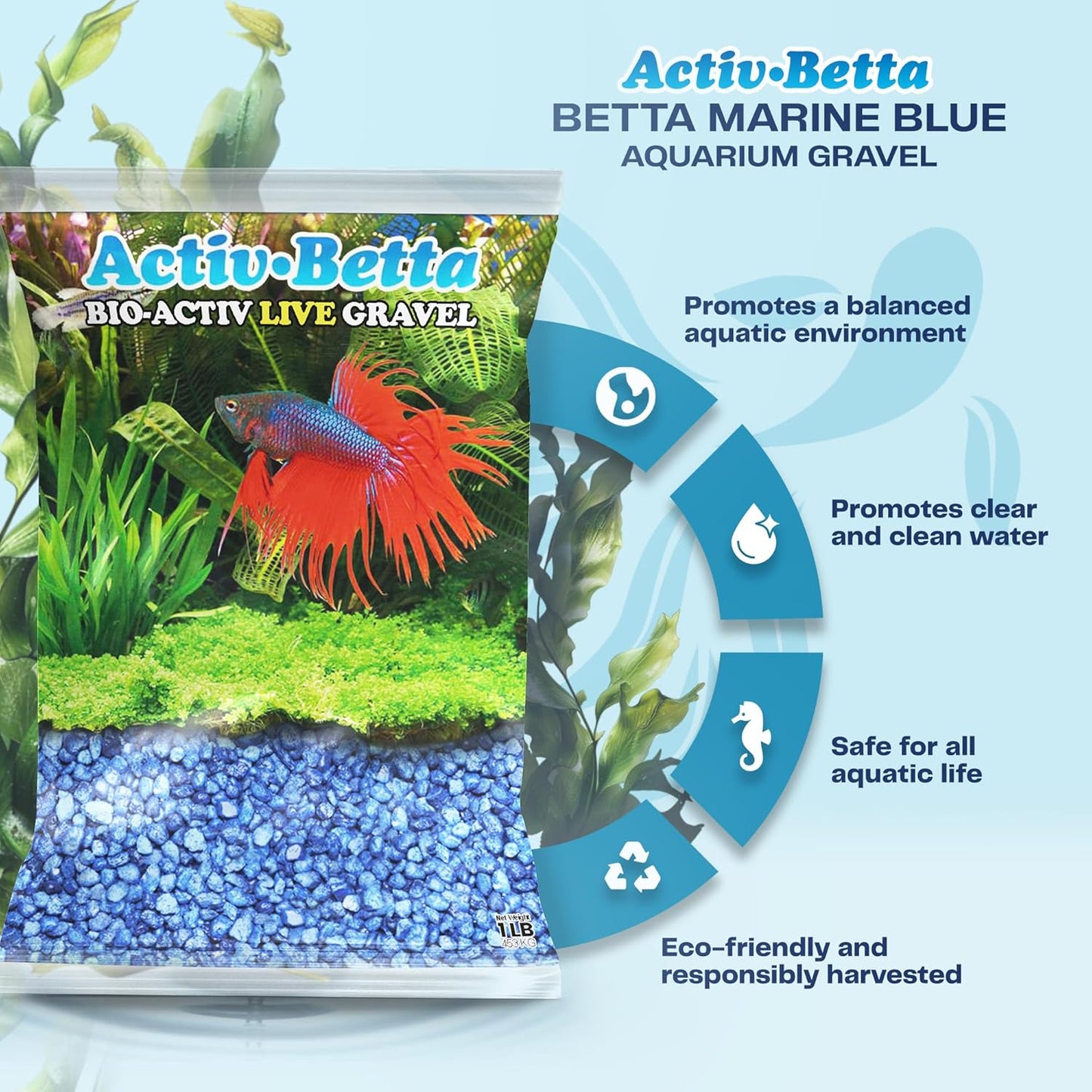 Activ Betta Blue Gravel, 1 lbs - pH Balance, Water Clarity, Ideal Aquarium Decor, Fish Tank Gravel, Betta Fish Substrate