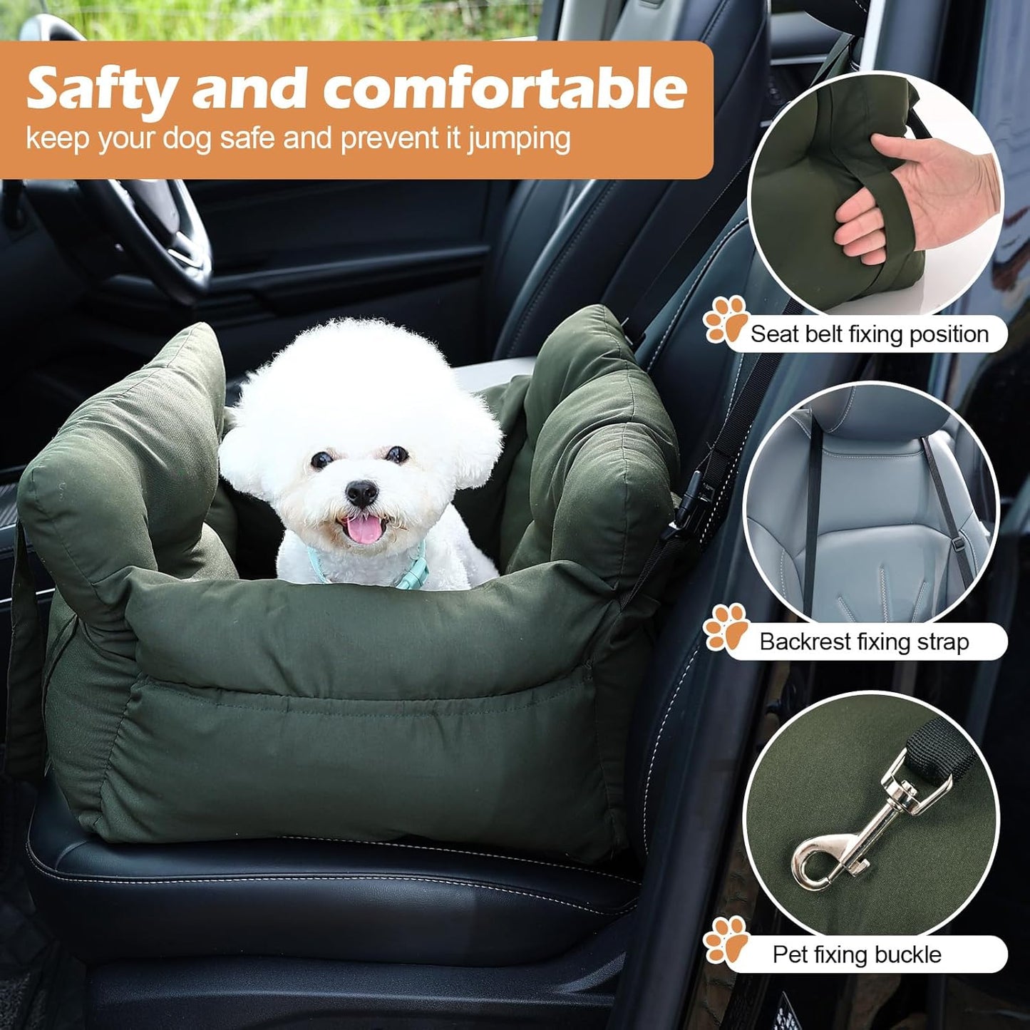 Small Dog Car Seat Up to 15lbs - Pet Travel Bed Booster with Storage, Safety Tether, Anti-Slip Bottom for Cars(Green)