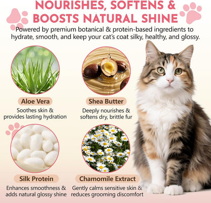 Cat Detangler Spray for Matted Hair & Dematting Spray for Cats, Effective Cat Matted Fur Remover–Loosens Mats, Smooths Coats, and Reduces Pulling, No-Rinse Formula Safe for Sensitive Skin