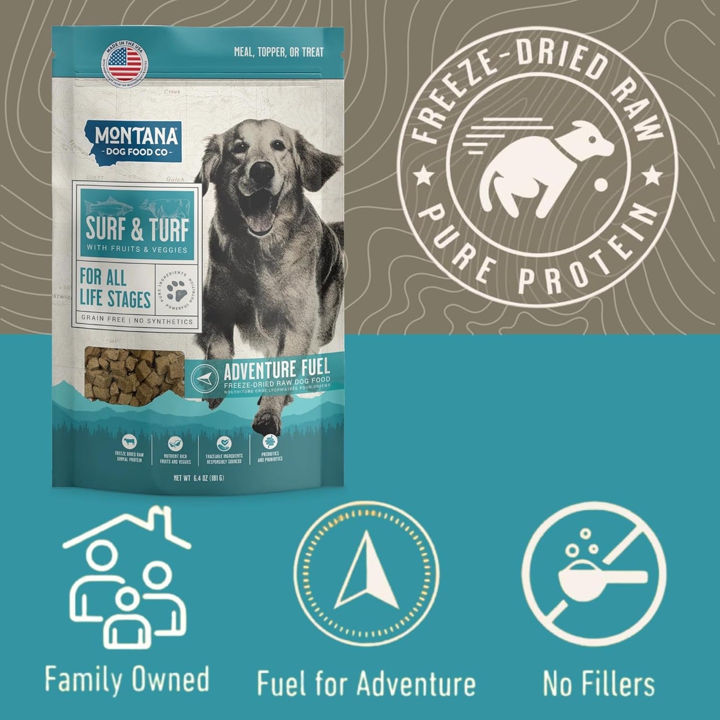 MONTANA DOG FOOD CO. Freeze-Dried Raw Surf & Turf Recipe Dog Food – Grain-Free, High-Protein Meal or Topper, Made in USA with USA Ingredients -6.4 oz Bag