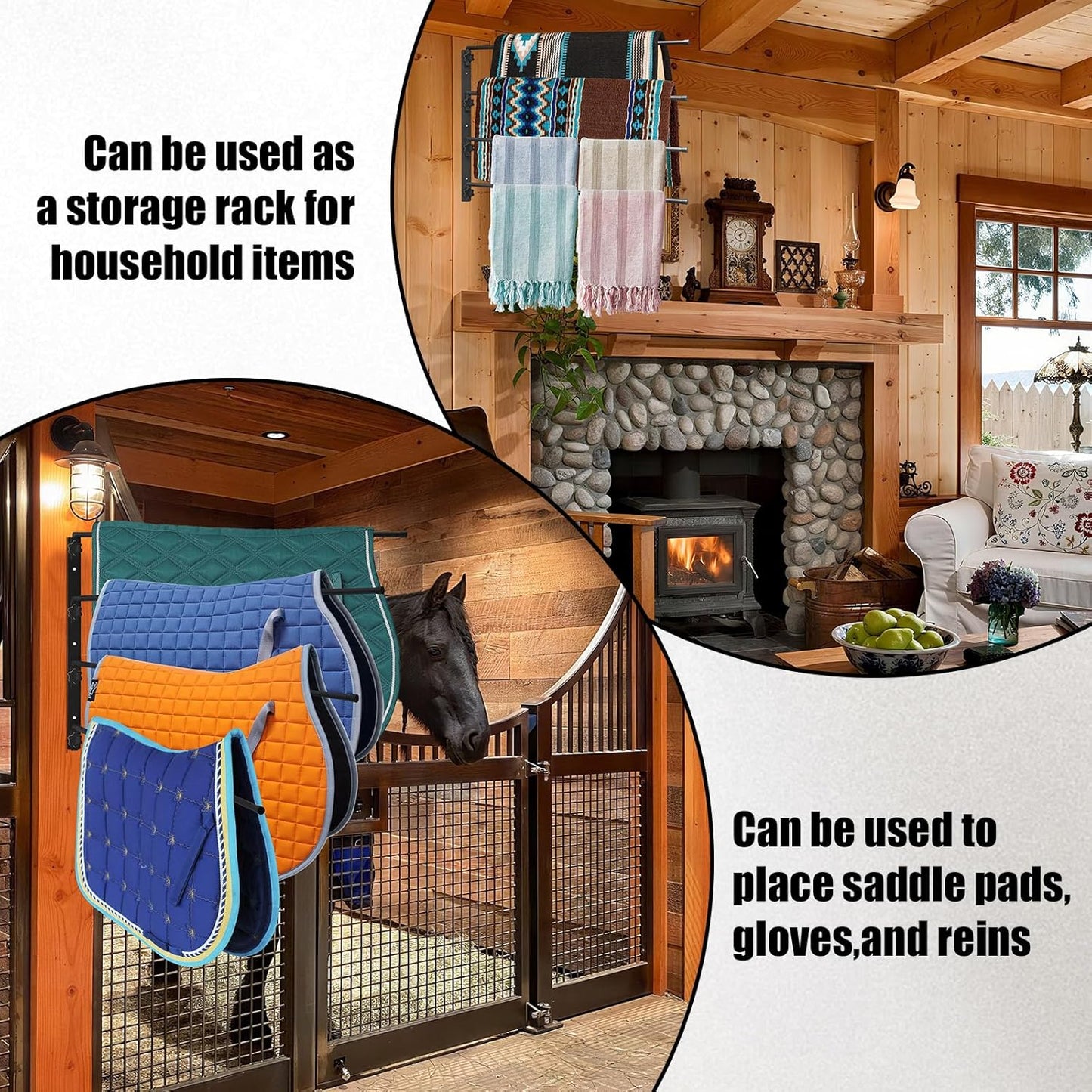 Saddle Pad Rack 4 Bar Wall Mount, Horse Blanket Holder 180 Degree Swing Rack Arms Saddle Rack Wall Mount for English Saddle Pad Storage Various Accessories (15.8 x 23.6 Inch)