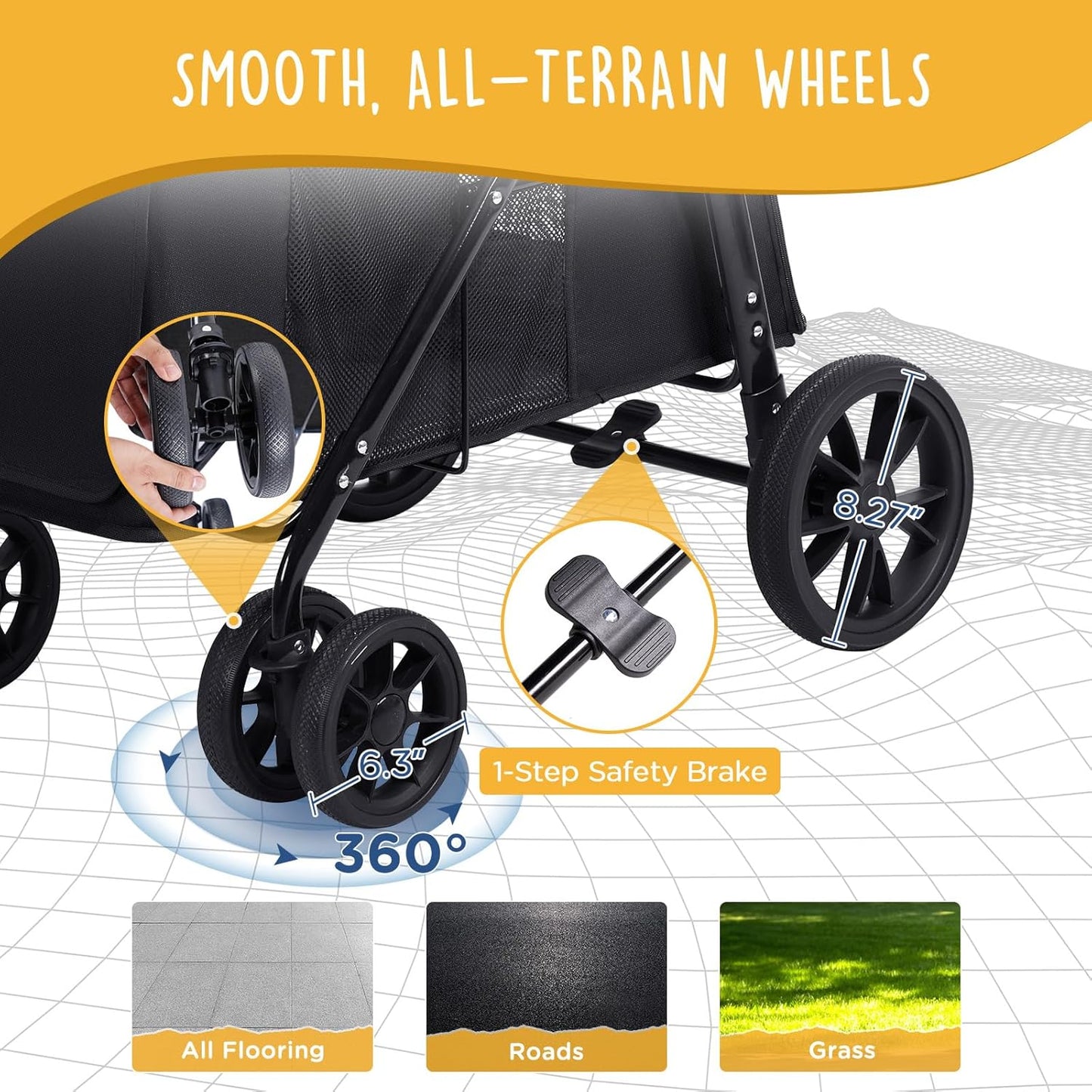 Scout Pet Stroller, 4-Wheel Design for Small/Medium Dogs - One-Button Fold, Adjustable Mesh Windows & Shades, 360° Swivel Front Wheels, Rear Wheel Brake for Safety, Black