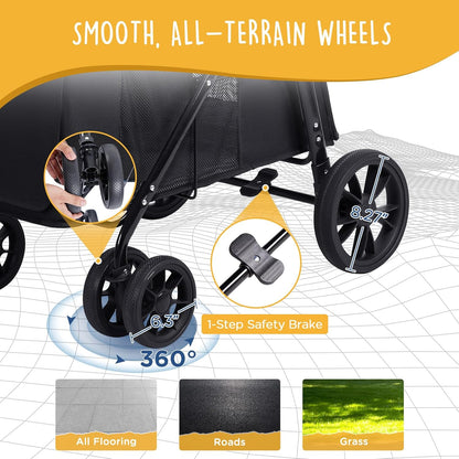 Scout Pet Stroller, 4-Wheel Design for Small/Medium Dogs - One-Button Fold, Adjustable Mesh Windows & Shades, 360° Swivel Front Wheels, Rear Wheel Brake for Safety, Black