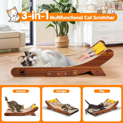 Sisal Cat Scratcher Bed, Natural Solid Wood Scratch Lounger, No Mess Scratching Chair Couch for Indoor Cats, 25.6 Inch Cat Scartching Pad, 3 in 1 Scratching Board, Furniture Protector