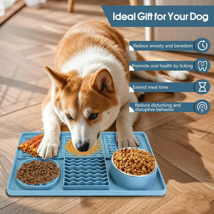 Dog Lick Mat for Small Dogs Cats, 13.8 x 9 Inches Silicone Slow Feeder Dog Licking Mat with Bowls, Peanut Butter Feeding Mat for Anxiety Relief, Reduce Boredom, Improve Eating Habit (Blue)