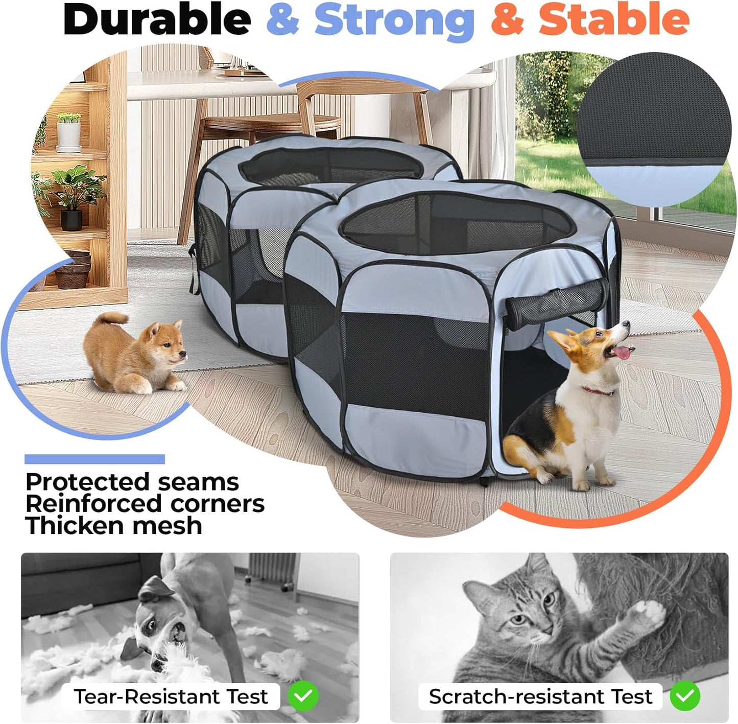 2-in-1 Cat Playpens, Detachable into 2 Separate Playpens with Additional 2 Doors, Portable Dog Playpen Cat Tent Enclosure for Kitten and Puppy Indoor Outdoor Use(M)