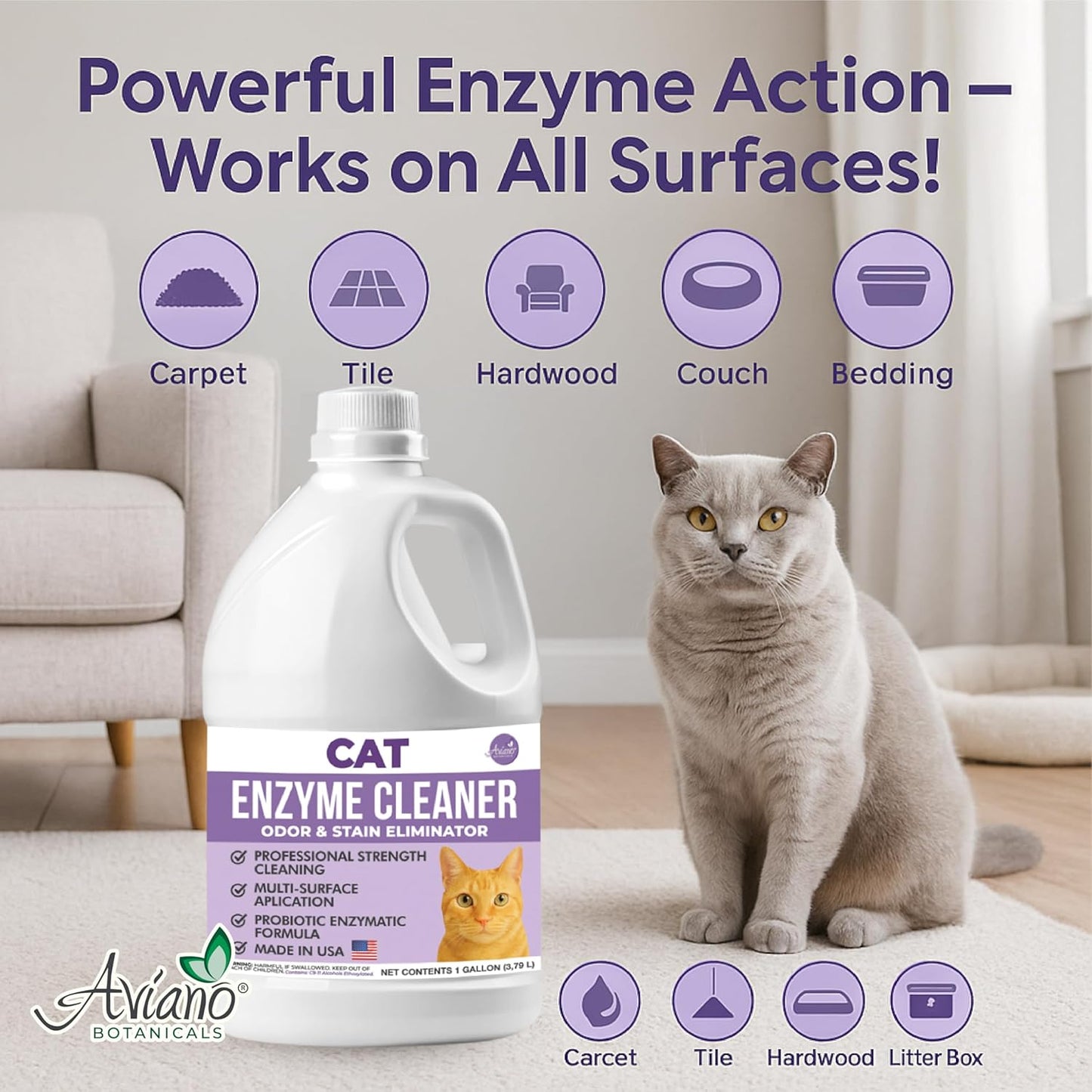 Aviano Cat Enzyme Cleaner – 1 Gallon – Made in USA – Odor Eliminator with Lemon Scent – Pet & Carpet Enzyme Cleaner for Cat Pee, Litter Boxes & Furniture