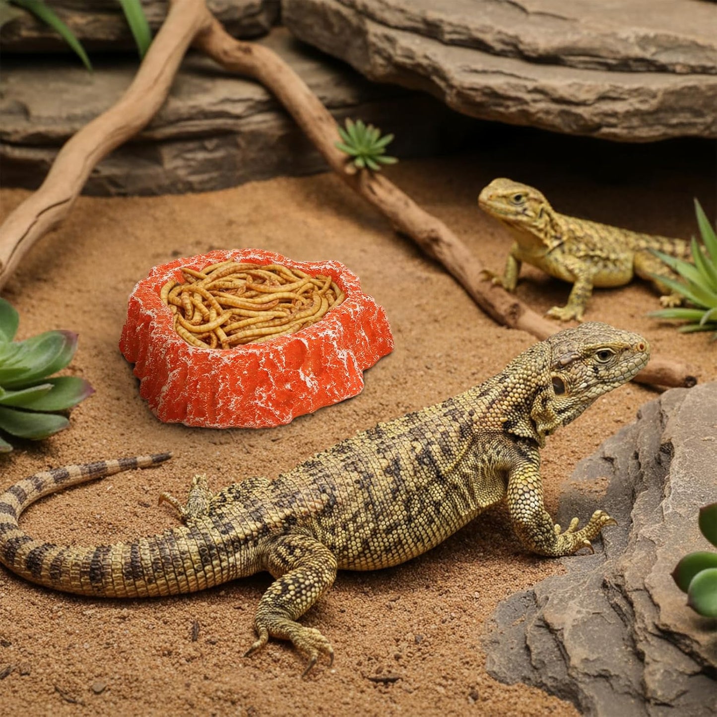 Frcctre 4 Pack Reptile Food Dish with Feeding Tongs, Resin Reptile Water Dish Food Bowl Feeding Terrarium Bowl for Leopard Gecko Lizard Tortoise Hermit Crab Bearded Dragon Chameleon, Orange